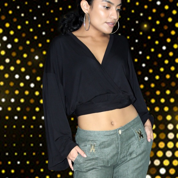 KIMONO SLEEVE FAUX-WRAP CROP TOP - Picture 5 of 5